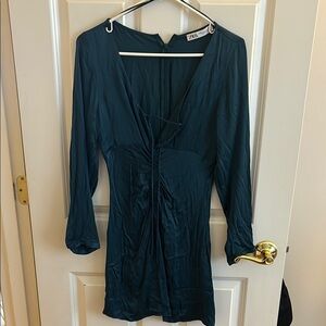 Zara Green Ruched Sheath Dress with Long Bishop Sleeves